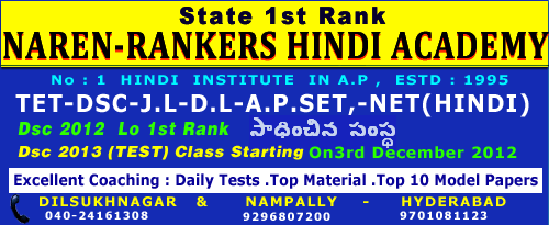 State 1st Rank NAREN-RANKERS HINDI ACADEMY No.1 HINDI INSTITUTE IN A.P ESTED:1995 TET-DSC-J.L-D.L-A.P.SET,-NET(HINDI) Dsc 2012 Lo 1st rank Sadhinchina Samstha Dsc 2013(TEST) Class Starting on 3rd December 2012 Excellent Coaching :Daily Tests. Top Material.Top 10 Model Papers Dilsukhnagar 040-24161308  Namplly - 9296807200  Hyderabad - 9701081123